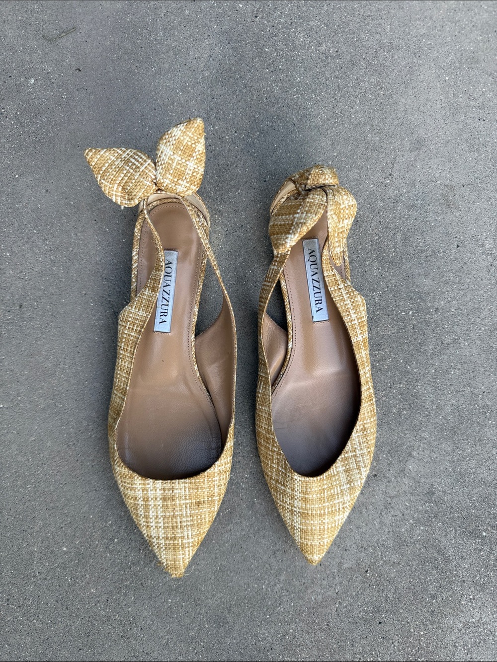 Aquazzura Mustard Tweed Pointed-Toe Flats with Ankle Tie